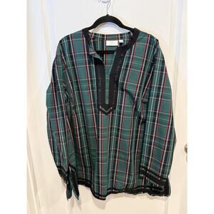 Festive Classy Women's JINGLE BELLES Kim Gravel Green Red Plaid Blouse Sz 2X